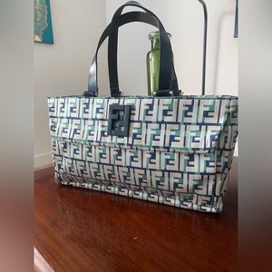 Fendi FF zucca double F fabric and leather tote bag purse